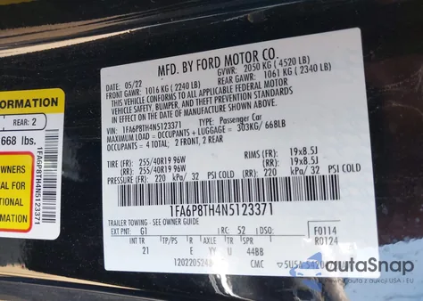 2022 Ford Mustang Ecoboost Fastback из США, поврежденный, VIN 1FA6P8TH4N5123371